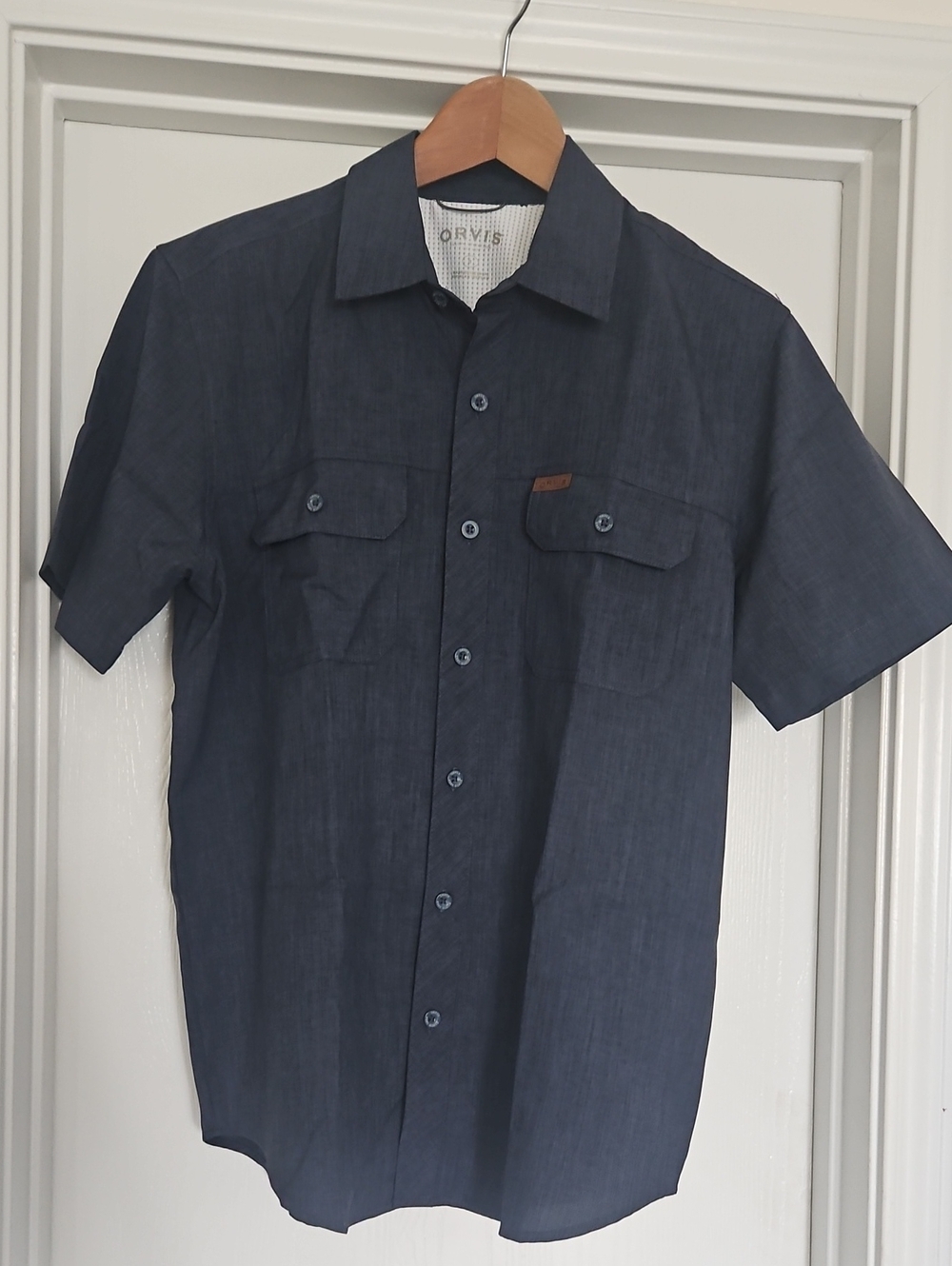 Orvis Tech Shirt Short Sleeve Button Up Blue Mens Sz S